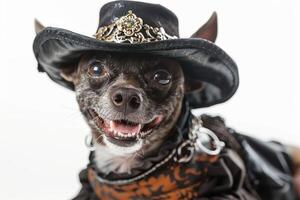 Happy Dog wearing Gothic costumes, studio lighting, isolated on white background, stock photographic style photo