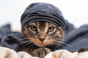 Happy cat wearing Ninja costumes, studio lighting, isolated on white background, stock photographic style photo