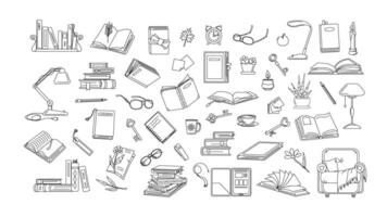Objects on reading topic, black and white vector