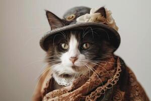 Happy cat wearing Victorian Lady costumes, studio lighting, isolated on white background, stock photographic style photo