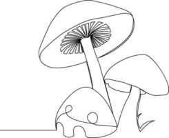 Continuous one line Mushrooms for coloring book pages outline vector