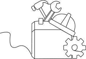 Continuous one line drawing labour day concept Construction helmet with tools vector