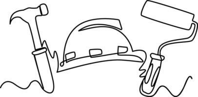 Continuous one line drawing labour day concept Construction helmet with tools vector