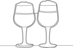 Two glasses of wine continuous one line drawing vector
