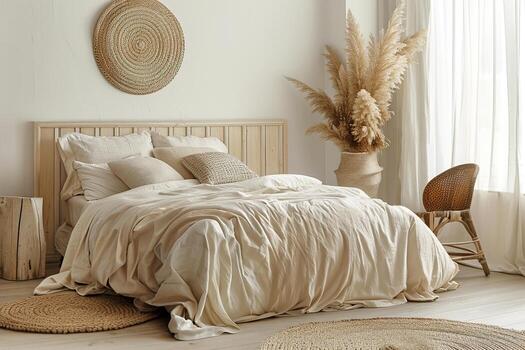 sereno boho dormitorio, minimalista estético con natural elementos y texturas, ideal para hogar decoración revistas, interior diseño portafolios, estilo de vida blogs pacífico elegante vivo espacio. foto