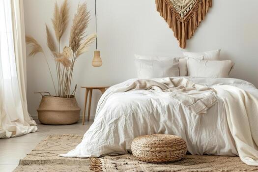 sereno boho dormitorio, minimalista estético con natural elementos y texturas, ideal para hogar decoración revistas, interior diseño portafolios, estilo de vida blogs pacífico elegante vivo espacio. foto