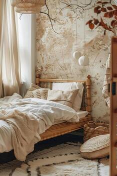 sereno boho dormitorio, minimalista estético con natural elementos y texturas, ideal para hogar decoración revistas, interior diseño portafolios, estilo de vida blogs pacífico elegante vivo espacio. foto