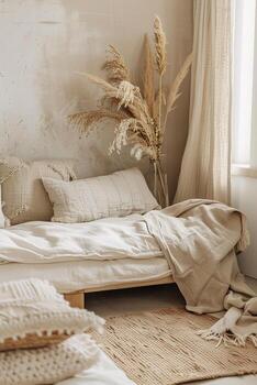 boho vivo habitación, minimalista estético con natural elementos y texturas, ideal para hogar decoración revistas, interior diseño portafolios, estilo de vida blogs pacífico elegante vivo espacio. foto