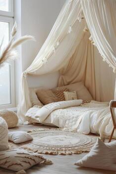 sereno boho dormitorio, minimalista estético con natural elementos y texturas, ideal para hogar decoración revistas, interior diseño portafolios, estilo de vida blogs pacífico elegante vivo espacio. foto