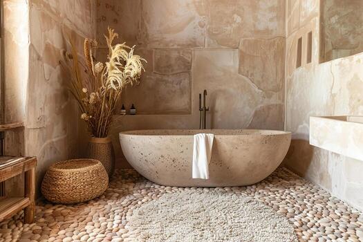 sereno boho baño, minimalista estético con natural elementos, texturas, ideal para hogar decoración revistas, interior diseño portafolios, estilo de vida blogs pacífico elegante vivo espacio foto