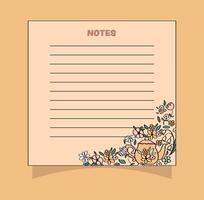 Cute hand-drawn flowers small square notepad page design. vector