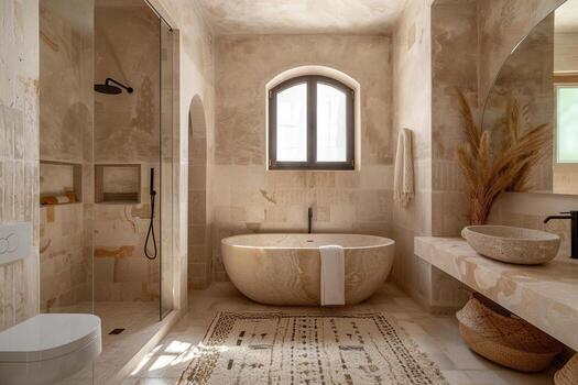 sereno boho baño, minimalista estético con natural elementos, texturas, ideal para hogar decoración revistas, interior diseño portafolios, estilo de vida blogs pacífico elegante vivo espacio foto