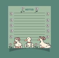 Cute farm ducks small square notepad page design. vector