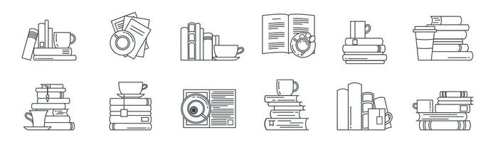 Book and coffee line icon set. Book piles, coffee mugs and cups. vector