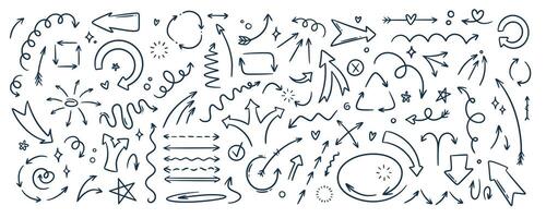 Doodle outline sketch arrow and abstract shapes collection. Hand drawn simple with brush or pen vector