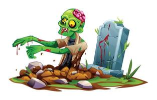 Zombie with exposed brain crawling out from the grave. cartoon illustration vector