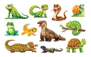 Set of reptiles and amphibians including iguana, gecko, and snake. Cartoon illustration vector