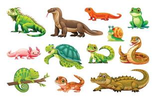 Collection of various reptiles including iguana, snake, and turtle. Cartoon illustration vector