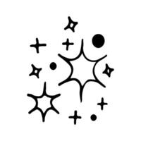 Stars and sparkles doodle illustration. Twinkle, blink, firework, glitter silhouette and glowing symbols in sketch style. Hand drawn illustration isolated on white background vector