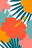 Summer concept. Abstract floral poster with red hibiscus and palm leaves in flat style. Rough edges and grunge texture effect. Contemporary design for background, cover, card, label. vector