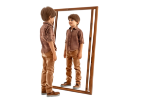 A boy looking himself in mirror isolated on transparent background png