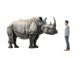 Man standing alone infront of big Rhino isolated on transparent background png
