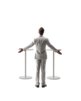 A businessman in Decent clothes giving a speech on stage in joyful manner isolated on transparent background png