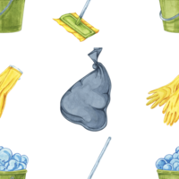 Mix of cleaning tools such as garbage bags, gloves, and mops. Watercolor seamless pattern for use in custom fabric designs, cleaning service advertisements, and home organization guides png