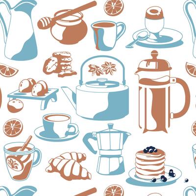 Pattern of traditional breakfast. Blue and brown colors. flat illustration. Cafe and restaurant menu.
