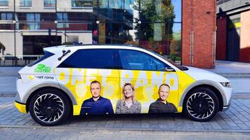 Warsaw, Poland. 9 July 2024. Onet.pl polish web portal logo on Hyundai electric car. Journalists conduct interviews while driving around the city. photo