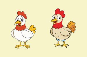 Set of funny cartoon red and orange chicken, hen in various poses, illustration vector