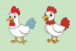 Set of funny cartoon red and orange chicken, hen in various poses, illustration vector