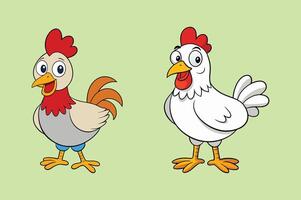 Set of funny cartoon red and orange chicken, hen in various poses, illustration vector