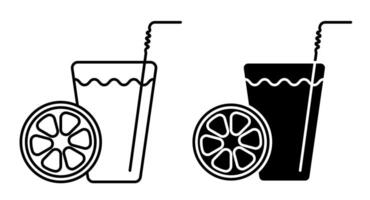 Linear icon. Glass of refreshing citrus juice with straw and orange slice. Refreshing drinks in summer heat. Simple black and white isolated on white background vector