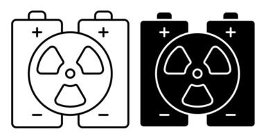Linear icon. Pair of batteries with sign of atomic energy. High capacity energy storage devices based on radioactive elements. Simple black and white on white background vector