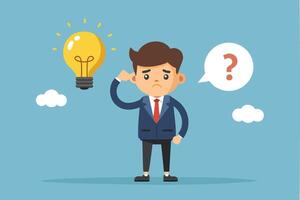 Bad Idea Leads to Failure, Confused Businessman Doubts Evil Lightbulb, Symbolizing Rejected and Negative Opinions vector