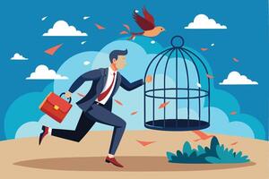 Ambitious Businessman Breaking Free from Routine Comfort Zone, Escaping Bird Cage Trap to Experience New Challenges and Freedom vector