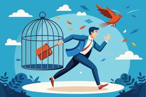 Ambitious Businessman Breaking Free from Routine Comfort Zone, Escaping Bird Cage Trap to Experience New Challenges and Freedom vector
