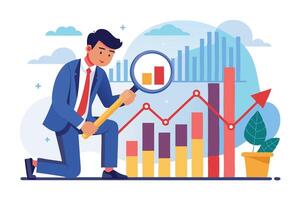 Businessman Analyzing Stock Market Crash Graph with Magnifying Glass vector