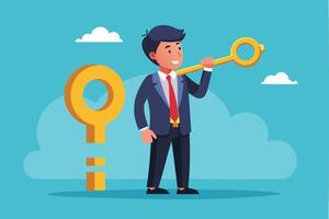 Businessman Holding Golden Key to Unlock Question Mark, Symbolizing Problem-Solving and Wisdom vector