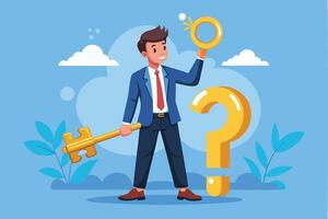 Businessman Holding Golden Key to Unlock Question Mark, Symbolizing Problem-Solving and Wisdom vector