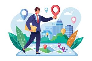 Businessman Founder Pinning Company Office Location on Search Engine Map, Establishing New Business Venture and Creating Corporate Presence vector