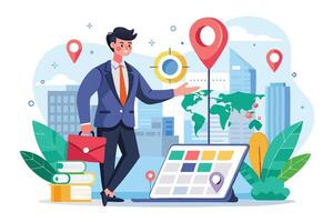 Businessman Founder Pinning Company Office Location on Search Engine Map, Establishing New Business Venture and Creating Corporate Presence vector