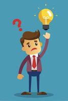 Bad Idea Leads to Failure, Confused Businessman Doubts Evil Lightbulb, Symbolizing Rejected and Negative Opinions vector