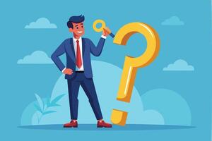 Businessman Holding Golden Key to Unlock Question Mark, Symbolizing Problem-Solving and Wisdom vector