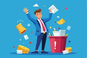 Frustrated businessman discards unworkable ideas into overflowing junk bin vector