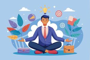 Focused Businessman Meditating amidst Distractions, Maintaining Concentration and Motivation to Achieve Work Targets vector