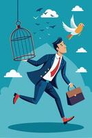 Ambitious Businessman Breaking Free from Routine Comfort Zone, Escaping Bird Cage Trap to Experience New Challenges and Freedom vector