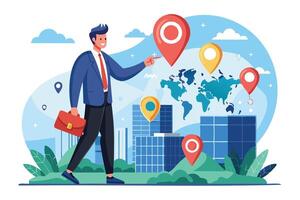 Businessman Founder Pinning Company Office Location on Search Engine Map, Establishing New Business Venture and Creating Corporate Presence vector