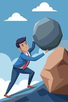 Ambitious Businessman Pushing Heavy Boulder Uphill, Demonstrating Perseverance, Grit, and Persistence in Achieving Success and Goals vector